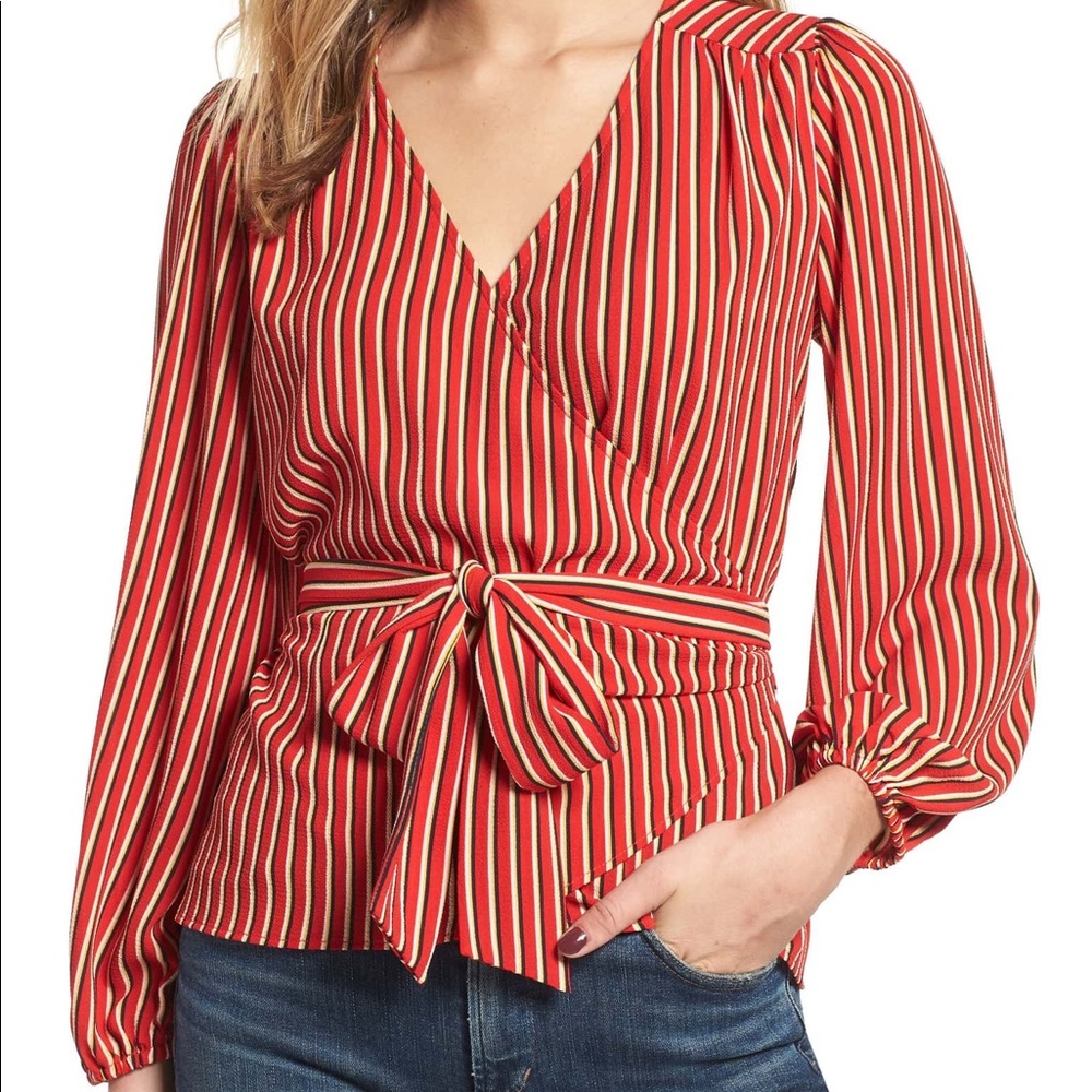 Hinge Stripe Blouson Puff Sleeve Wrap Top Blouse